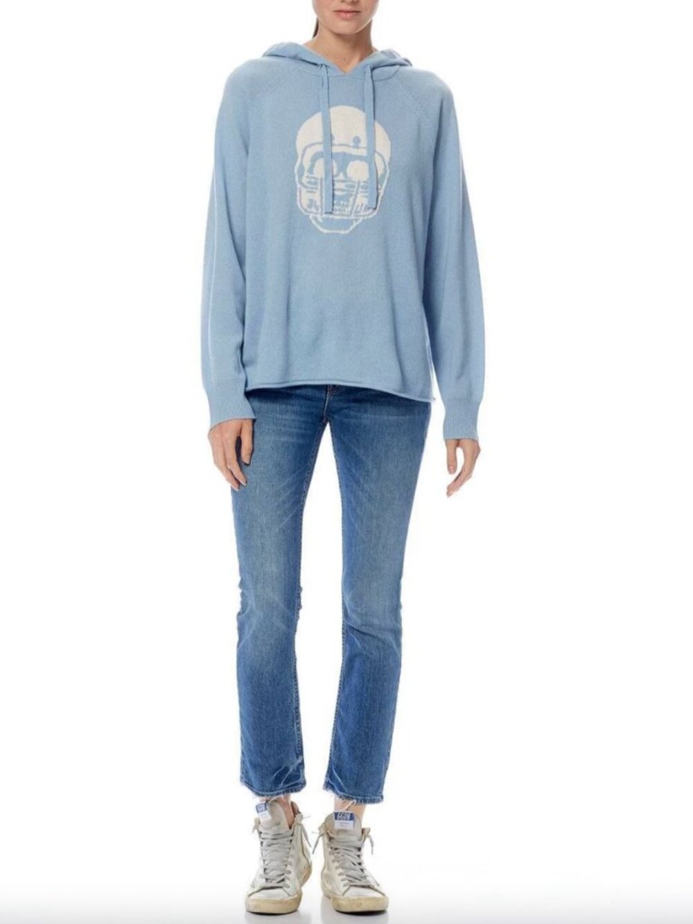 $390 Skull Cashmere Blue Knit Raw Hem Hooded Collegiate Sweater size Small
